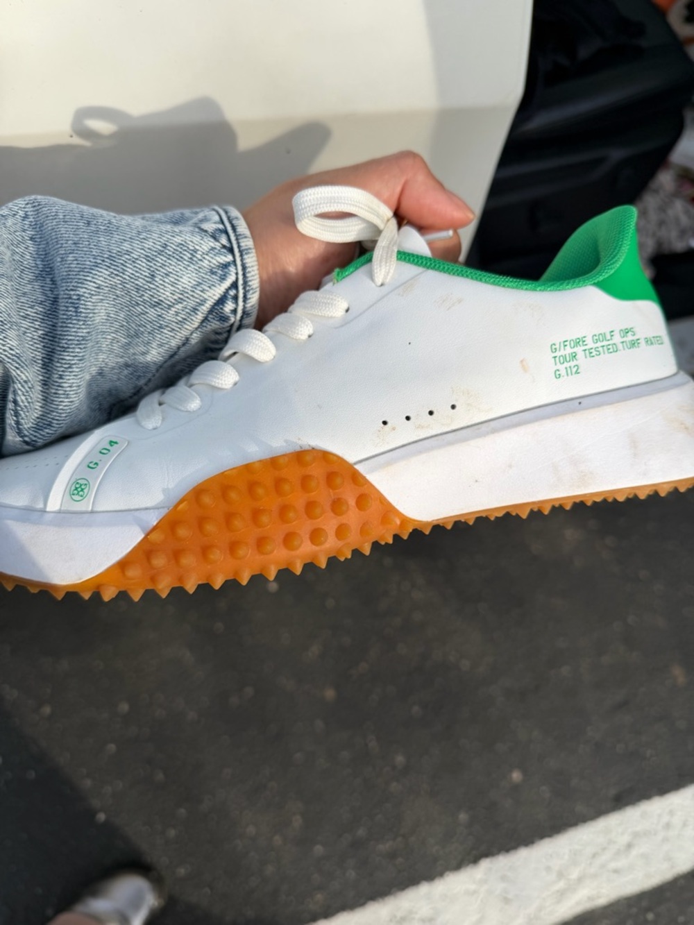 G/FORE White Sneaker with Green Interior and Black Insole